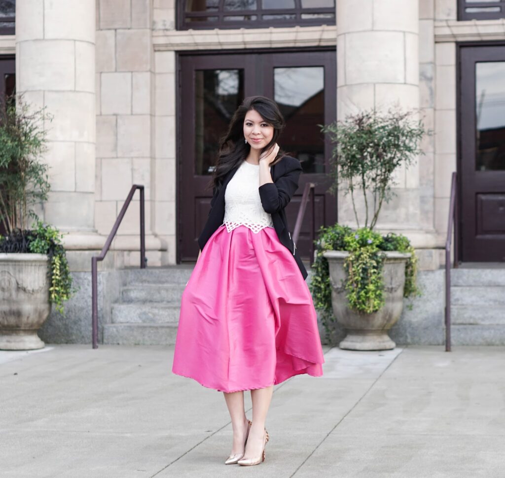 Bold in Pink: Midi Skater Skirt with Crop Top and Blazer | Just a ...