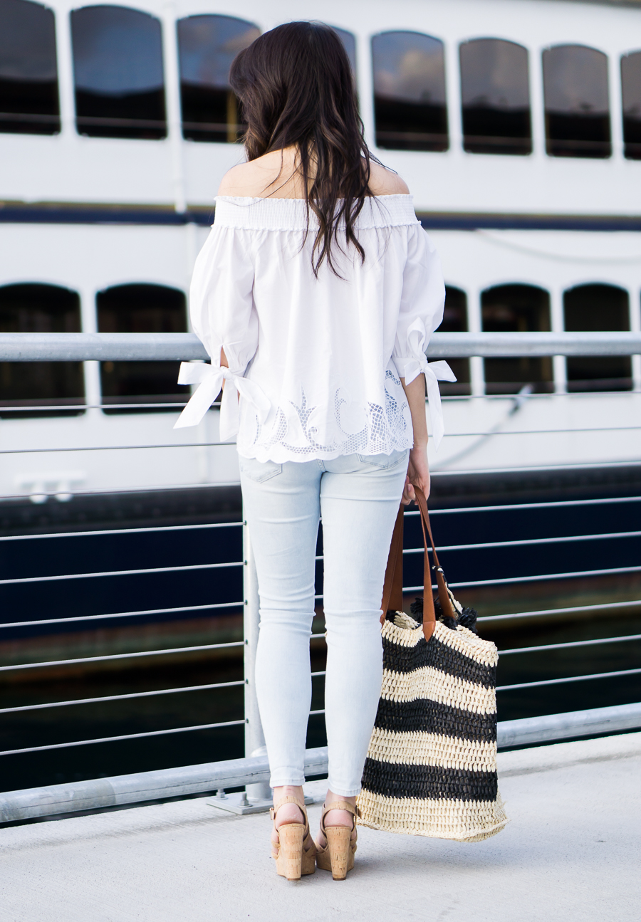 off shoulder white top outfit