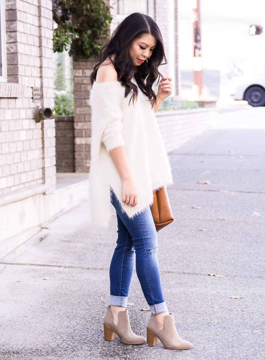 Fuzzy sweater, off the shoulder sweater 