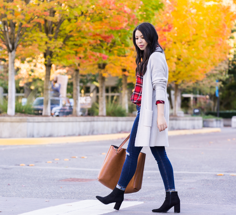 Casual fall outfit, long cardigan, red 