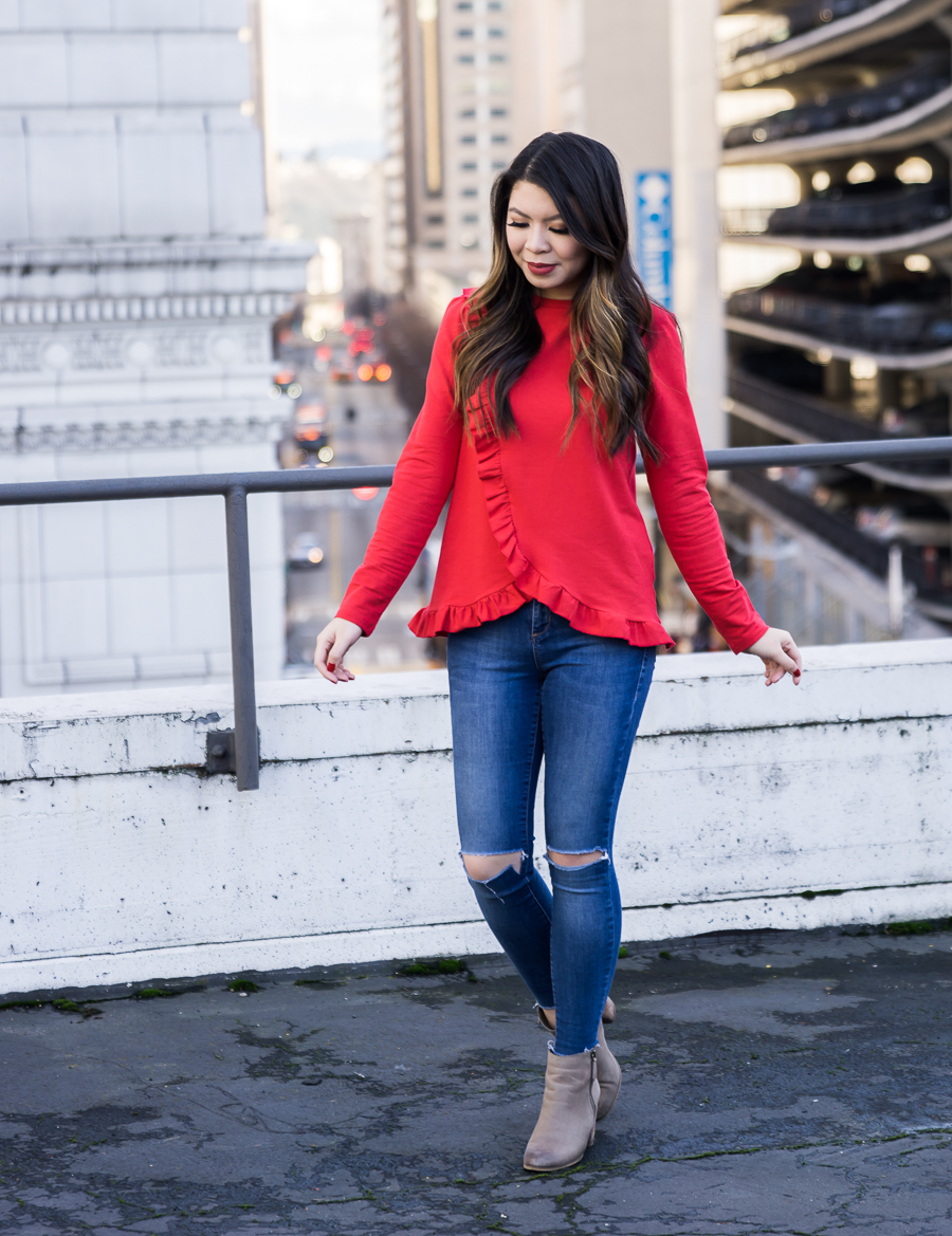 Red ruffle top, casual Valentines Day 